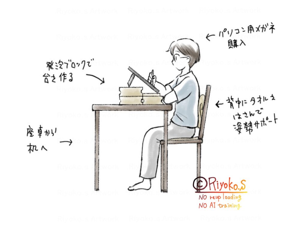 発砲ブロックで台を作る
パソコン用メガネ購入
座卓から机へ
椅子と背中の間にタオルを挟む